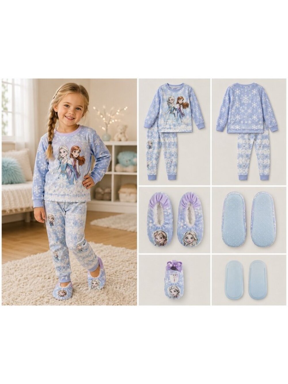 Disney Frozen Girls Pajama Set & Slippers Bundle Elsa Anna Size 4